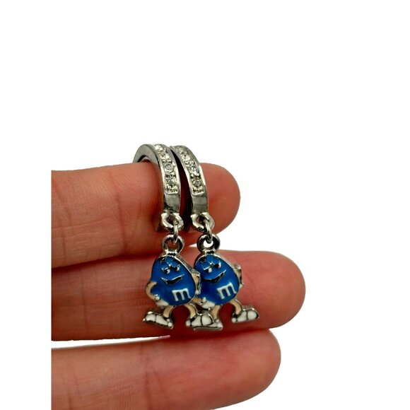 Silver M & M Pendant On A Silver Necklace Chain With Earrings Blue M&M Cartoon - Picture 2 of 7